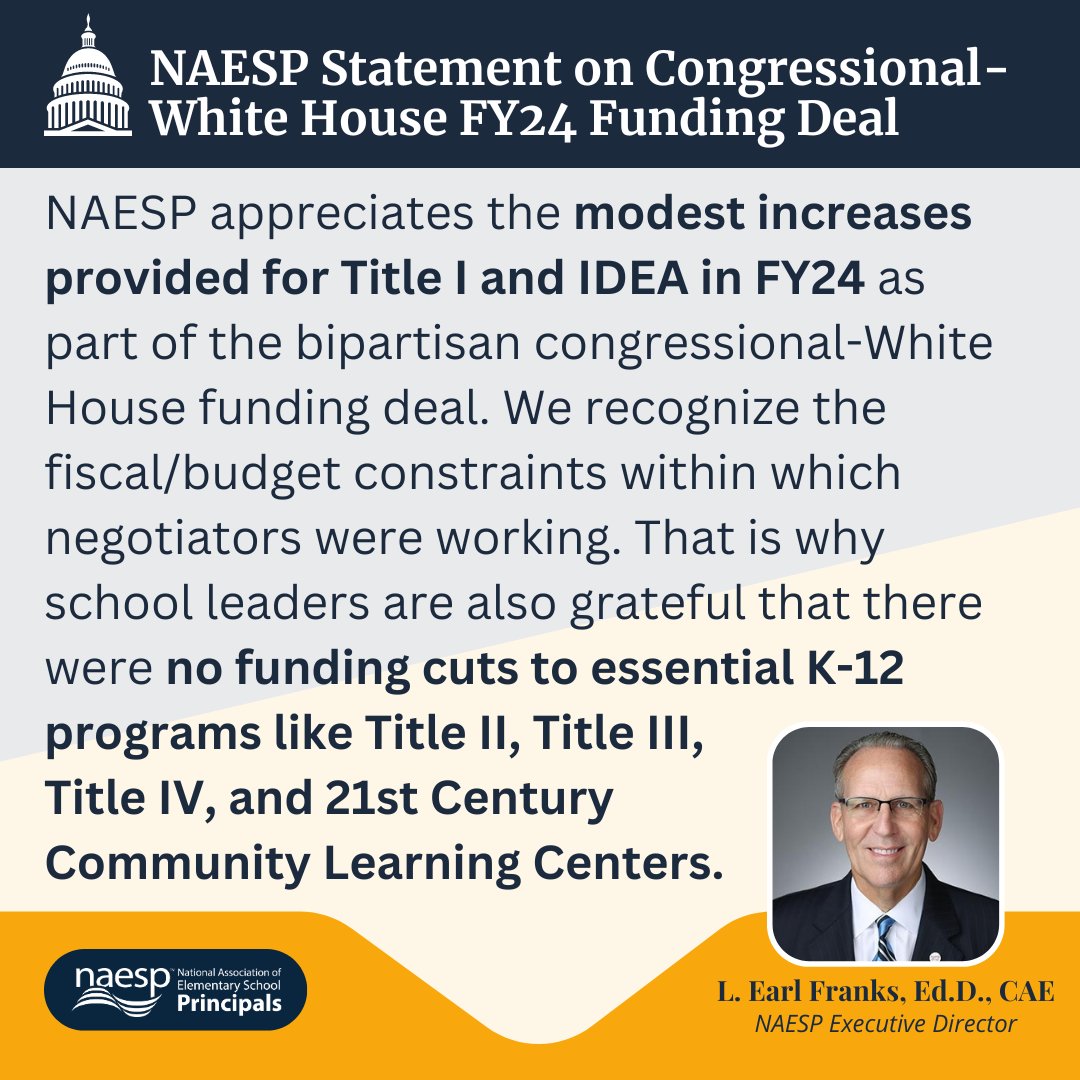 NAESP appreciates increases to Title I and IDEA and sustained levels for other K-12 programs in the FY24 funding deal, commending negotiators, particularly <a href="/PattyMurray/">Senator Patty Murray</a>, <a href="/SenatorCollins/">Sen. Susan Collins</a>, <a href="/Robert_Aderholt/">Robert Aderholt</a> and <a href="/rosadelauro/">Rosa DeLauro</a>, for their support and leadership. naesp.org/news/naesp-sta…