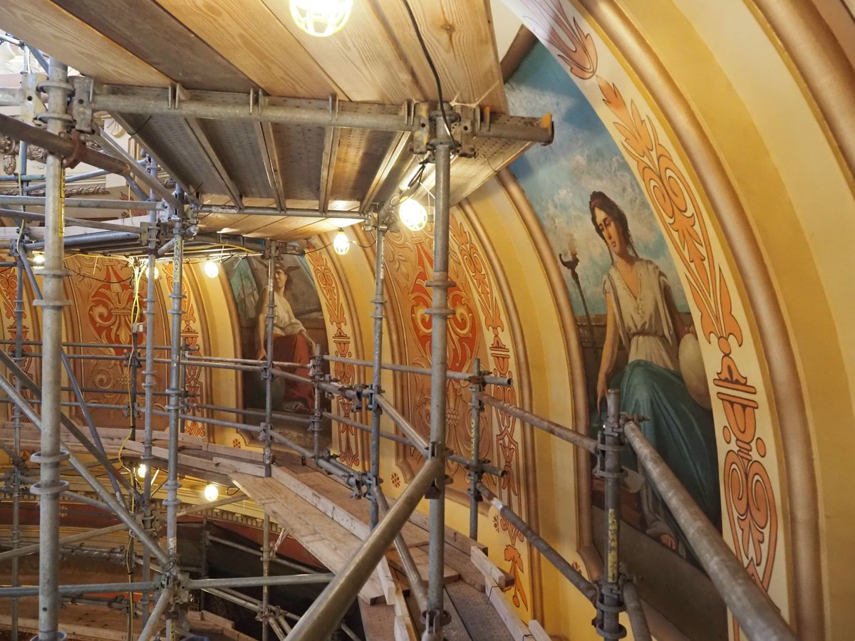 Art conservators have been working on the muses in the #mistatecapitol dome. Tomasso Juglaris painted these allegorical figures on 8-by-5-foot canvases in his Boston studio in 1886. The muses represent art, agriculture, law, science, justice, industry, commerce, and education.