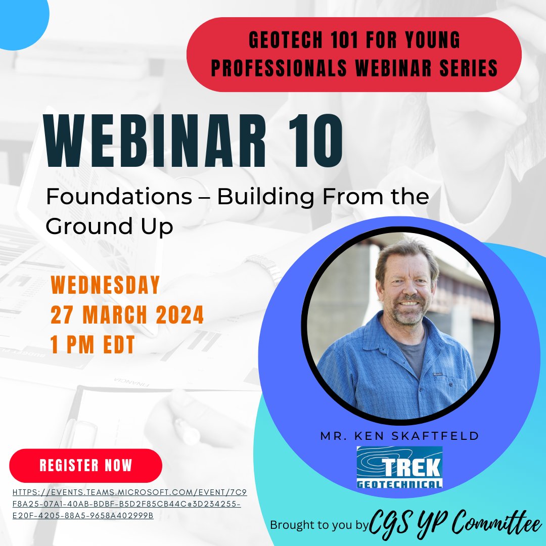 The CGS YP Committee is excited to announce the next webinar of the ‘Geotech 101 for Young Professionals’ series. 💡‘Foundations – Building From the Ground Up’ 🗣️Ken Skaftfeld ,TREK Geotechnical Inc. 📆March 27, 2024 🕐1-2 pm EDT 💲FREE Register here: lnkd.in/gpWCJf3W