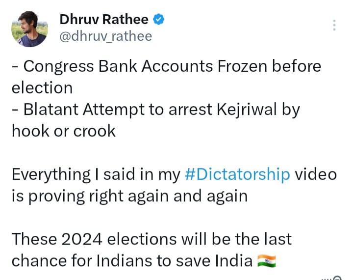 The people of the country have the last chance to stop the dictatorship of the current government!Truly, these elections are the last chance to save democracy.
#VoteForCongress 
@RahulGandhi
@ShayarImran 
@INCIndia 
@revanth_anumula 
@armankh1746 
@khan_tannam 
@ShayarImran_Fan