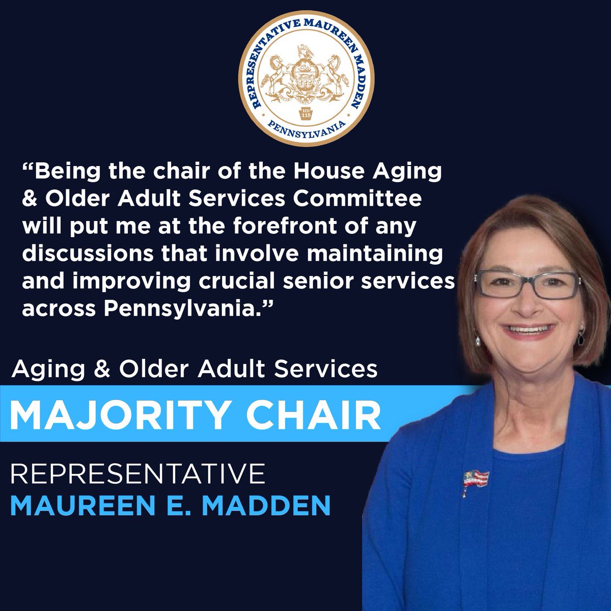 I am honored to have been appointed Chairwoman of the House Committee on Aging & Older Adult Services. So much of the work I do each day revolves around older adult services. It is no secret that our Commonwealth has a significant aging population. It is also no secret that we