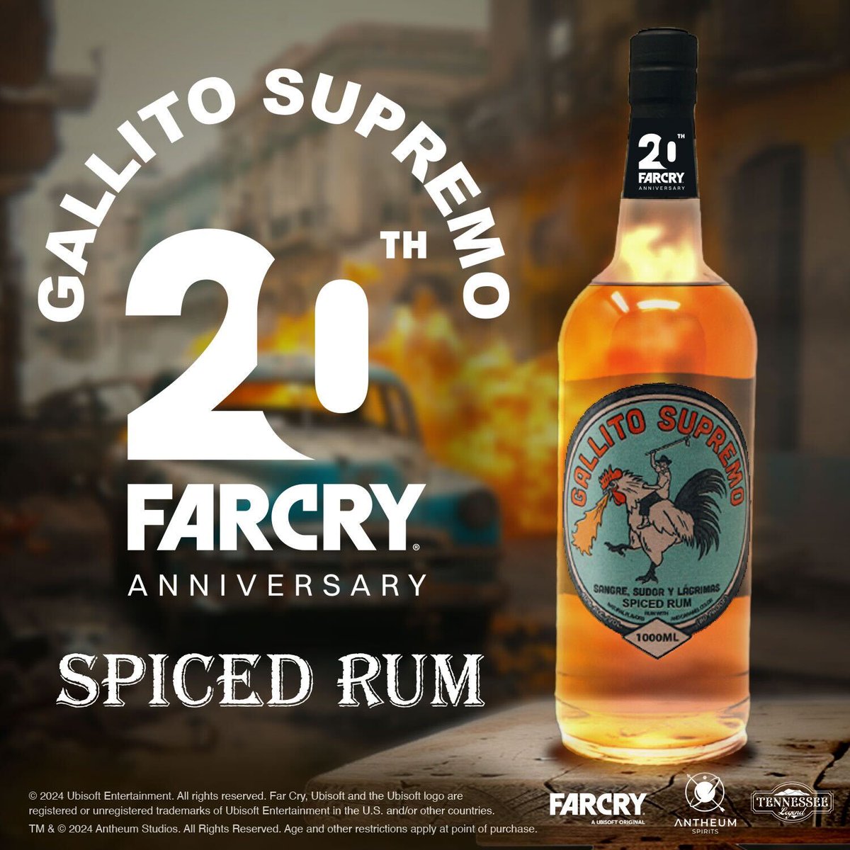 antheumspirits's tweet photo. LIMITED EDITION NEW RELEASE!  Antheum Spirits & Tennessee Legend Distillery introduce the Gallito Supremo, a meticulously crafted, limited edition spiced rum, coming straight from Far Cry 6’s unparalleled adventures in the exotic and wondrous landscapes of Yara. Arriving just in time to celebrate the Far Cry brand’s 20th anniversary, this exclusive 2004-bottle release embodies both the resilience and rebellious spirit of Yaran people, mirroring the game’s intense journey through paradise and peril. Order online today: https://t.co/Wkh5yO7WPn

#antheum #tnlegend #ubisoft #farcry #spicedrum #enjoyantheum #FarCry6 #FarCry20  @Ubisoft @FarCrygame 
21+ Followers Only