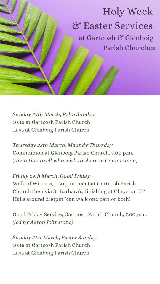 Join us as and when you can over the next week! Palm Sun, Maundy Thursday, Good Friday Walk of Witness and Good Friday Service, and Easter Sunday.
