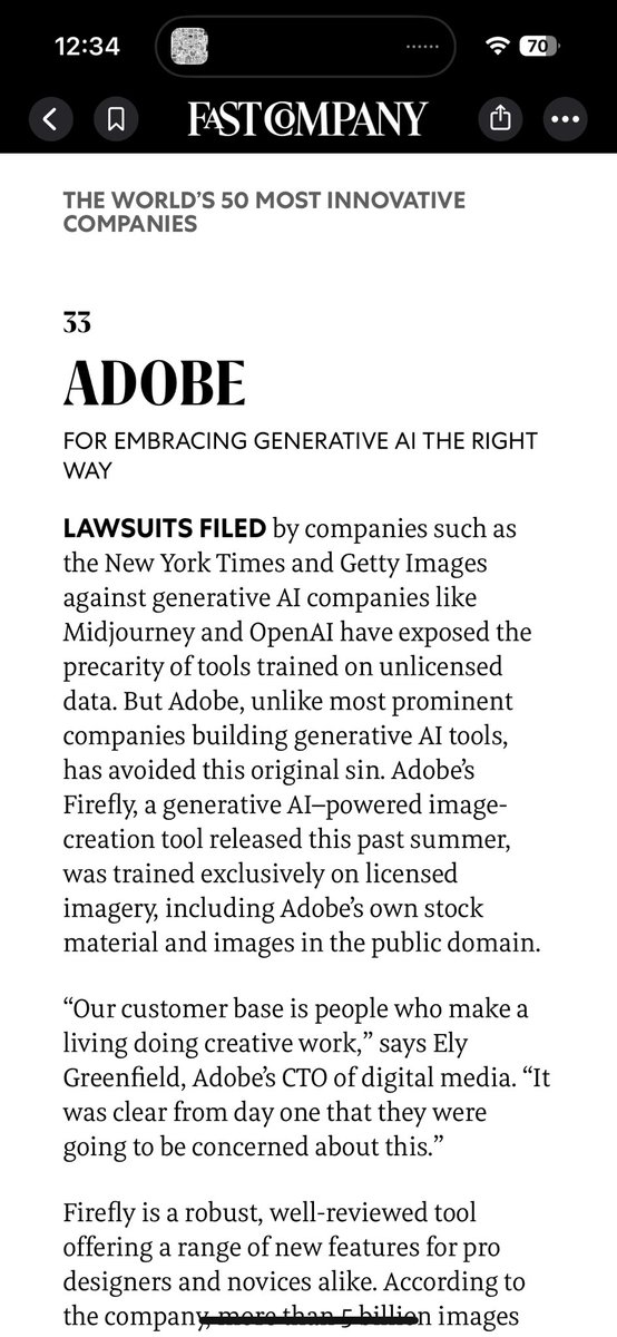 proud to see @adobe on the list of 50 most innovative companies, but this particular strategy decision was really just driven by listening to customers. the creative world wants to embrace AI and gain the benefits without compromising the intellectual property of their peers.