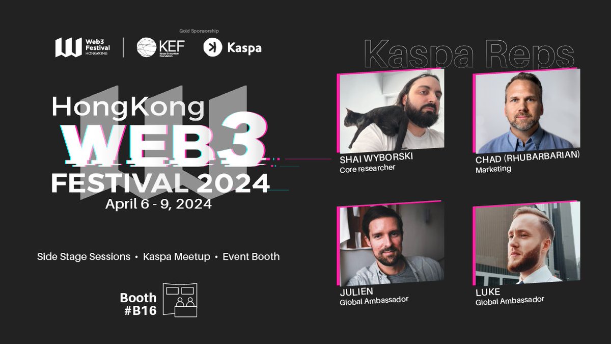 It's official,  #Kaspa is going to #HongKong! 
April 6-9, 2024 <a href="/festival_web3/">Web3Festival</a> 
<a href="/DesheShai/">Shai ❤️ Deshe 💜 Wyborski 💙 (大胡子)</a> will be speaking along with some global #Ambassadors working the Kaspa Booth (B16). <a href="/ChadBallantyne/">Chad Ballantyne</a> aka, Rhubarbarian (Canada), Luke, <a href="/elldeeone/">Luke Dunshea</a> (Australia) and Julien, <a href="/judaubert/">Julien</a> (France).