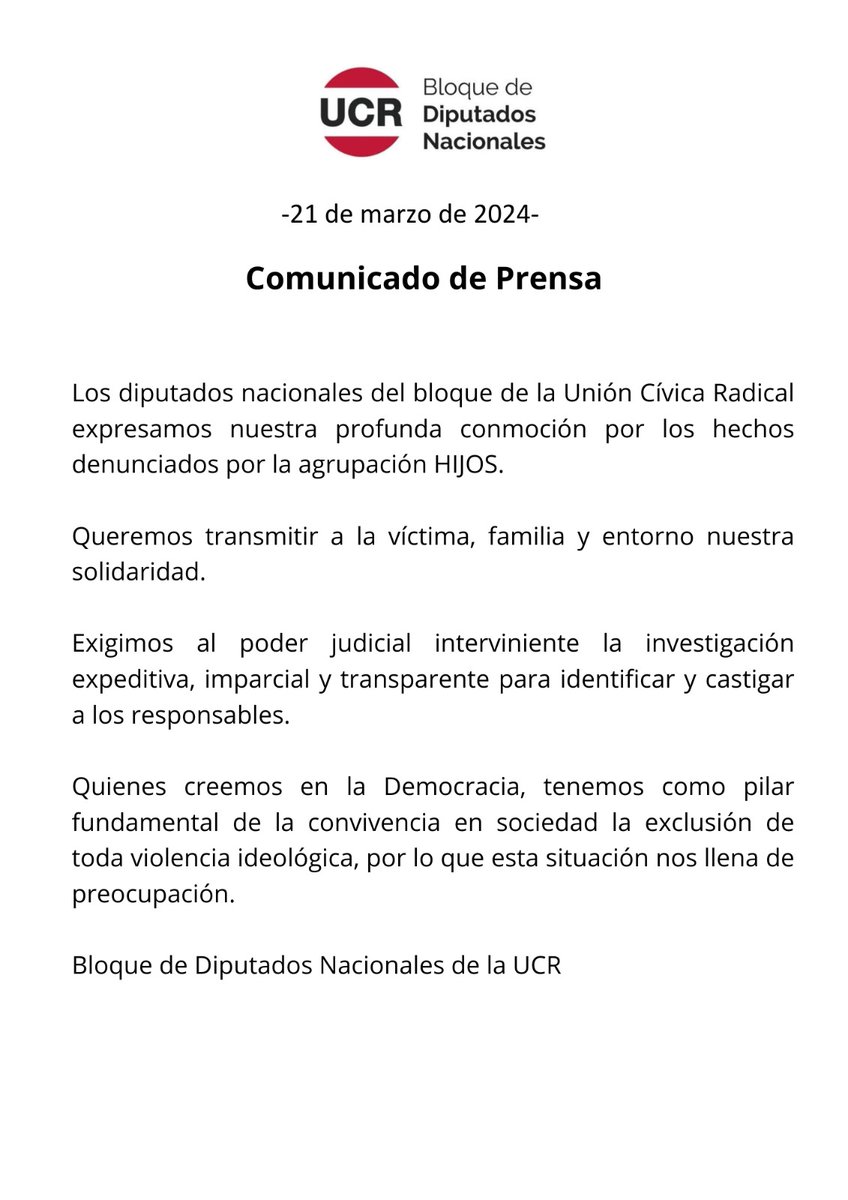 El Bloque de Diputados UCR repudia los hechos denunciados por la agrupación H.I.J.O.S. Exigimos el pronto esclarecimiento de lo sucedido.