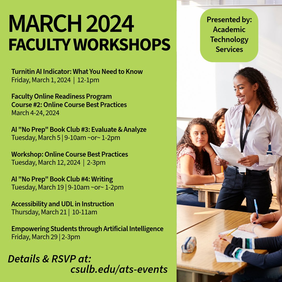CSULBATS's tweet image. Check out these last few workshops being offered in March! And stay tuned for the rest of our Spring workshops to come!

#csulb #csulbats
RSVP at: csulb.edu/ats-events