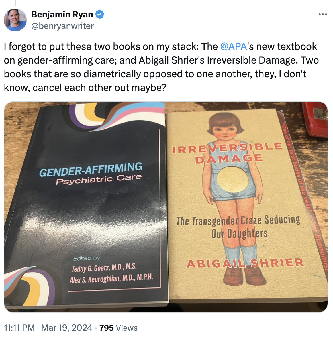 This is actually the perfect representation of the 'debate' about trans healthcare because one of these books is edited by two medical doctors and the other is written by a former Wall St Journal columnist who went on Joe Rogan