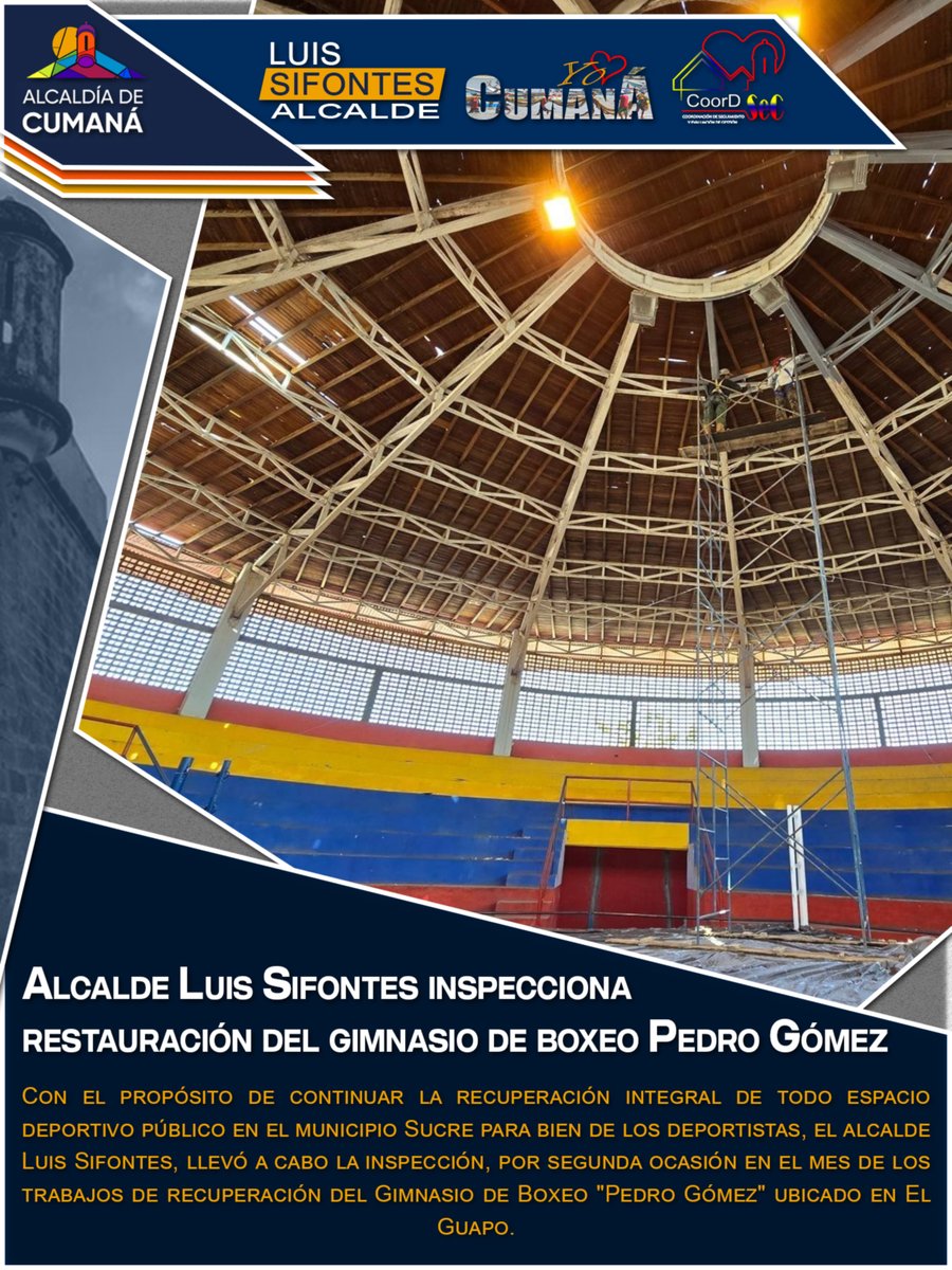 YO❤️CUMANA

Luis Sifontes, alcalde de Sucre, destaca su compromiso con el deporte al liderar los trabajos de recuperación en el Gimnasio de Boxeo "Pedro Gómez" en colaboración con el presidente Nicolás Maduro.

#UnidosHaciaLaGrandeza
<a href="/NicolasMaduro/">Nicolás Maduro</a> <a href="/dcabellor/">Diosdado Cabello R</a> <a href="/lossifontes/">LUIS JAVIER SIFONTES</a>