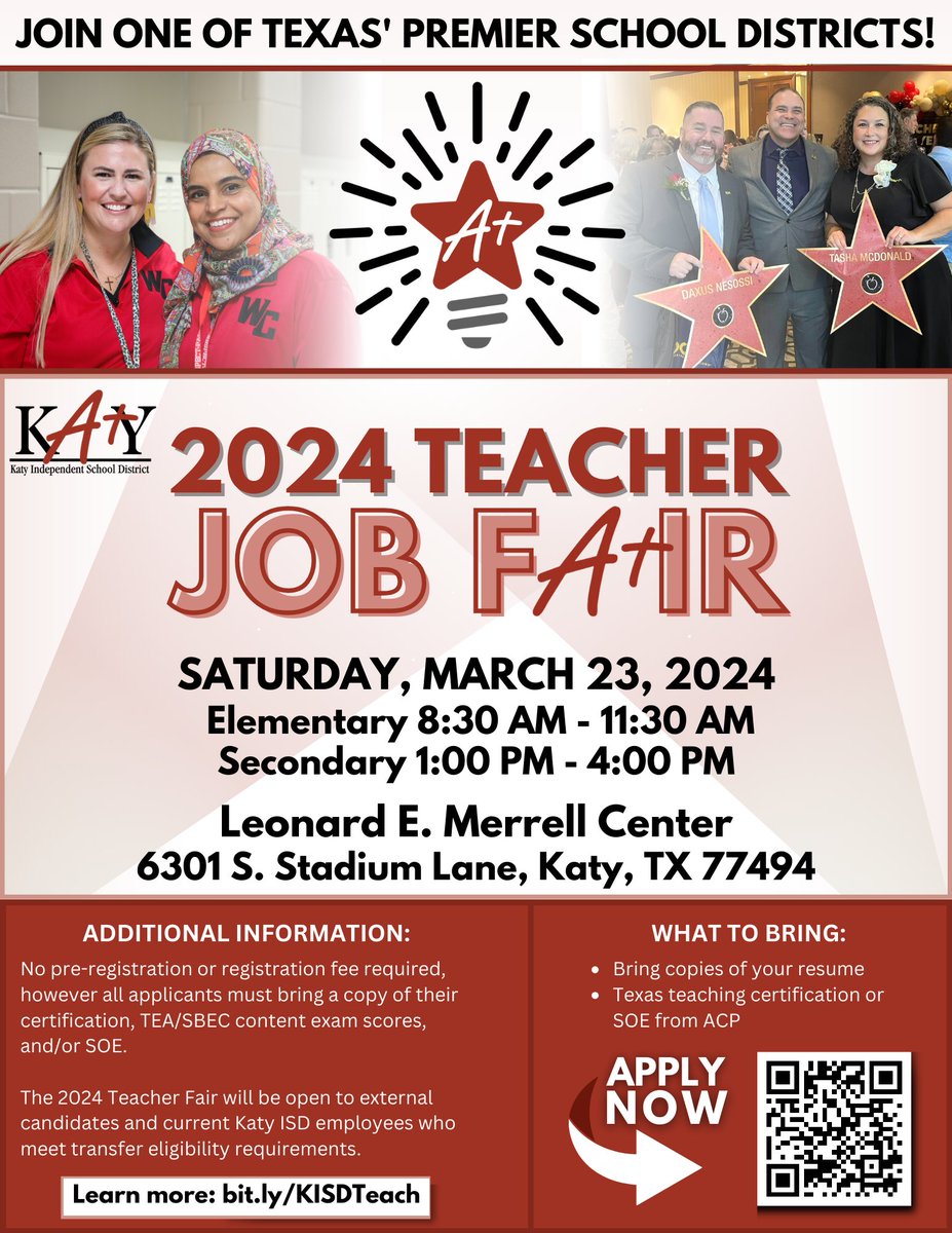 Calling all certified teachers!🍎 Katy ISD is hiring, and we want YOU to join our incredible team! Don't miss the Katy ISD Certified Teacher Job Fair TOMORROW, March 23! Learn more: bit.ly/KISDTeach