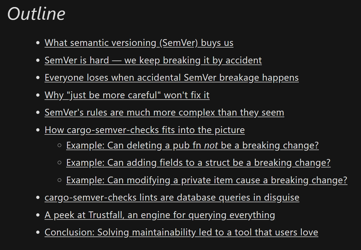 My 'SemVer in #rustlang' talk from @fosdem is now available as a blog post!

I used @simonw's 'annotated talk' format to make it easy to skim the material, skip ahead, and jump between the written post and the video.

Link in next tweet 👇