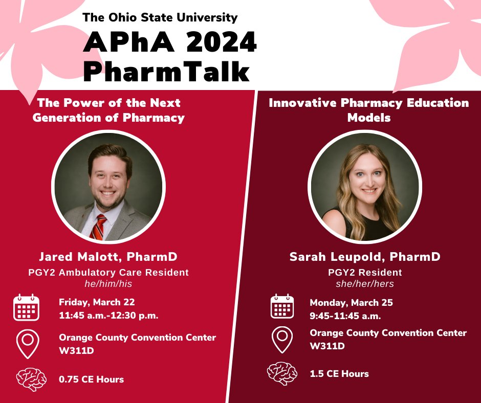 Join our current ambulatory care pharmacy residents at the APhA @pharmacists Annual Meeting! Earn some continuing education hours with Drs. Leupold and Malott at their #PharmTalks offerings🌞 See you there! 😉 #AmbCareRx #AmbRx #PharmRes