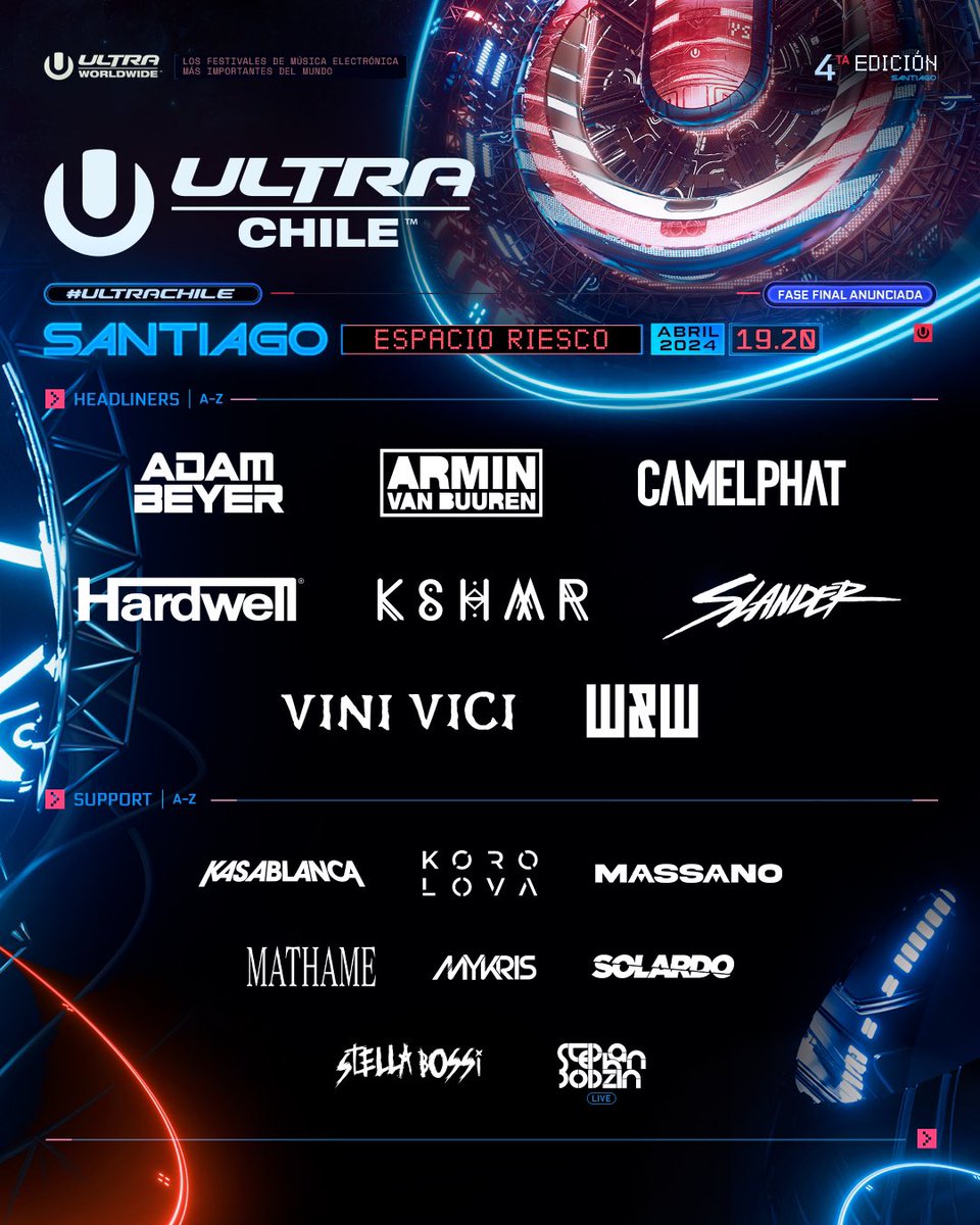 Ultra_Chile's tweet image. ¡La espera ha terminado! ​El full line up y running order de Ultra Chile ​2024 ha sido revelado. 

Las entradas por día ya están disponibles. Asegura tu lugar para el día que más te emocione y únete a nosotros para celebrar la música en su máximo esplendor. 🎫✌️🔥