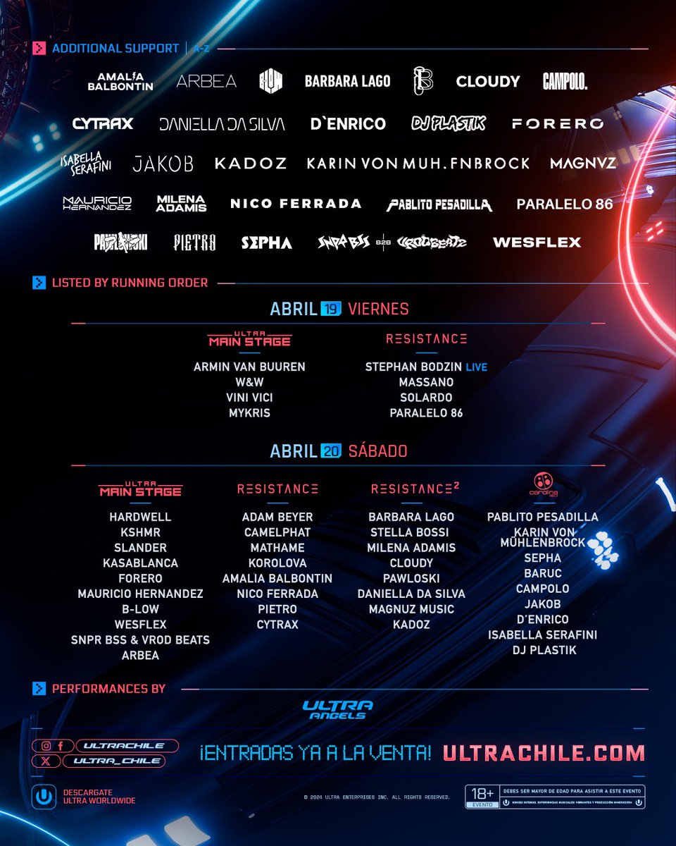 Ultra_Chile's tweet image. ¡La espera ha terminado! ​El full line up y running order de Ultra Chile ​2024 ha sido revelado. 

Las entradas por día ya están disponibles. Asegura tu lugar para el día que más te emocione y únete a nosotros para celebrar la música en su máximo esplendor. 🎫✌️🔥