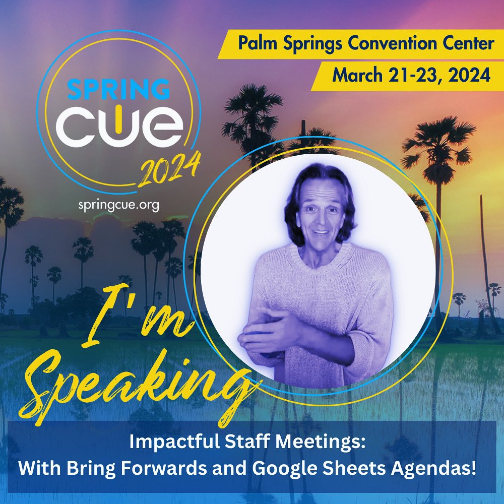 🌴☀️🌴☀️🌴☀️🌴☀️ #SpringCUE Day 1 in Palm Springs! Hope to see lots of #PLN peeps there! Session #1 of my 3 is Fri at 9. Love to see y’all there! (Wanna settle in?! Well, make it a double-header and stick around for my second session 15 mins later!) 🌴 Lead Impactful Staff…