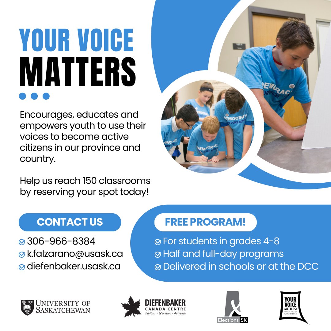 Diefenbaker Canada Centre (@diefcentre) on Twitter photo Your Voice Matters (YVM) is a free education program for grades 4-8. It is made available for free to classrooms thanks to the generous support of <a href="/ElectionsSask/">Elections SK</a>.
To register your class, contact k.falzarano@usask.ca
Or for more info, visit: diefenbaker.usask.ca Your Voice Matters (YVM) is a free education program for grades 4-8. It is made available for free to classrooms thanks to the generous support of <a href="/ElectionsSask/">Elections SK</a>.
To register your class, contact k.falzarano@usask.ca
Or for more info, visit: diefenbaker.usask.ca