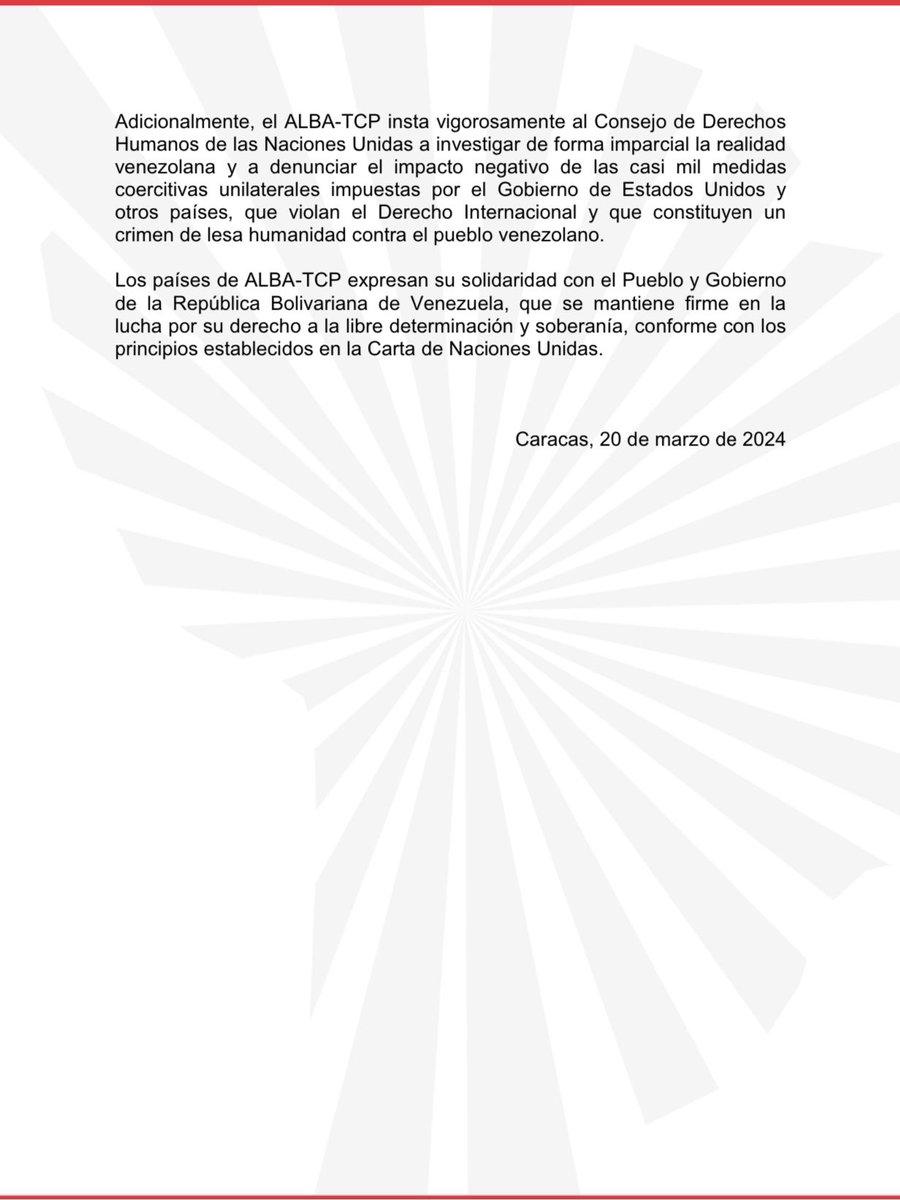 #Comunicado | ALBA-TCP rechaza afirmaciones de la Oficina del Alto Comisionado de Derechos Humanos sobre Venezuela

Los países de ALBA-TCP expresan su solidaridad con el Pueblo y Gobierno de la República Bolivariana de Venezuela...

#20Marzo 
#Venezuela