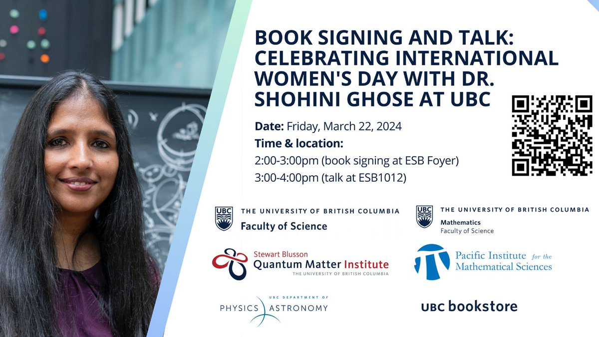 Dr. Shohini Ghose, Professor of Physics & Computer Science at Wilfrid Laurier University joins us on campus tomorrow, March 22 for a book signing and talk as part of UBC’s IWD celebrations. Come celebrate women in science! @ubc @ubcscience bit.ly/3PyiPtT #physics