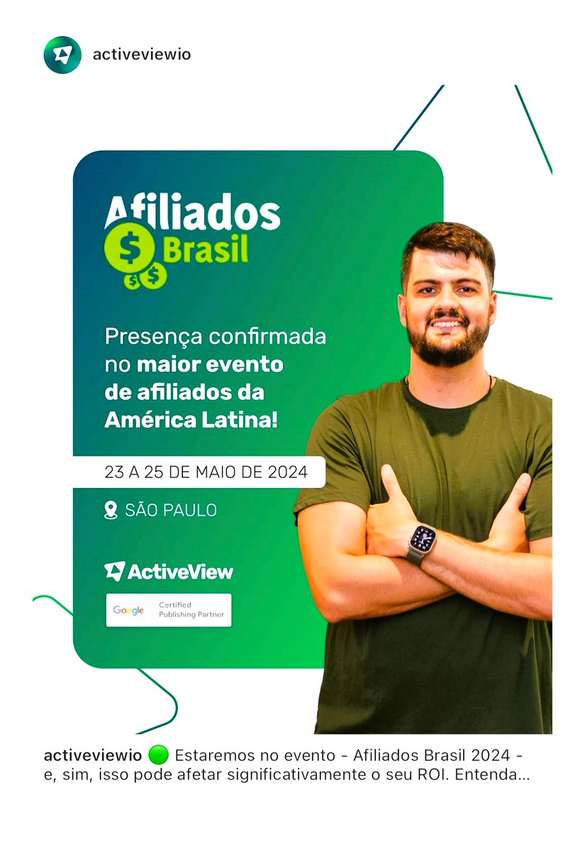 GGianni's tweet image. 🟢 A ActiveView estará no evento Afiliados Brasil 2024 - e, sim, isso pode afetar significativamente o seu ROI. Entenda o porquê 👇.

▪️ No stand da ActiveView você terá acesso direto a grandes players do mercado da Mídia Programática que já faturam alto.
#publisher #ActiveView