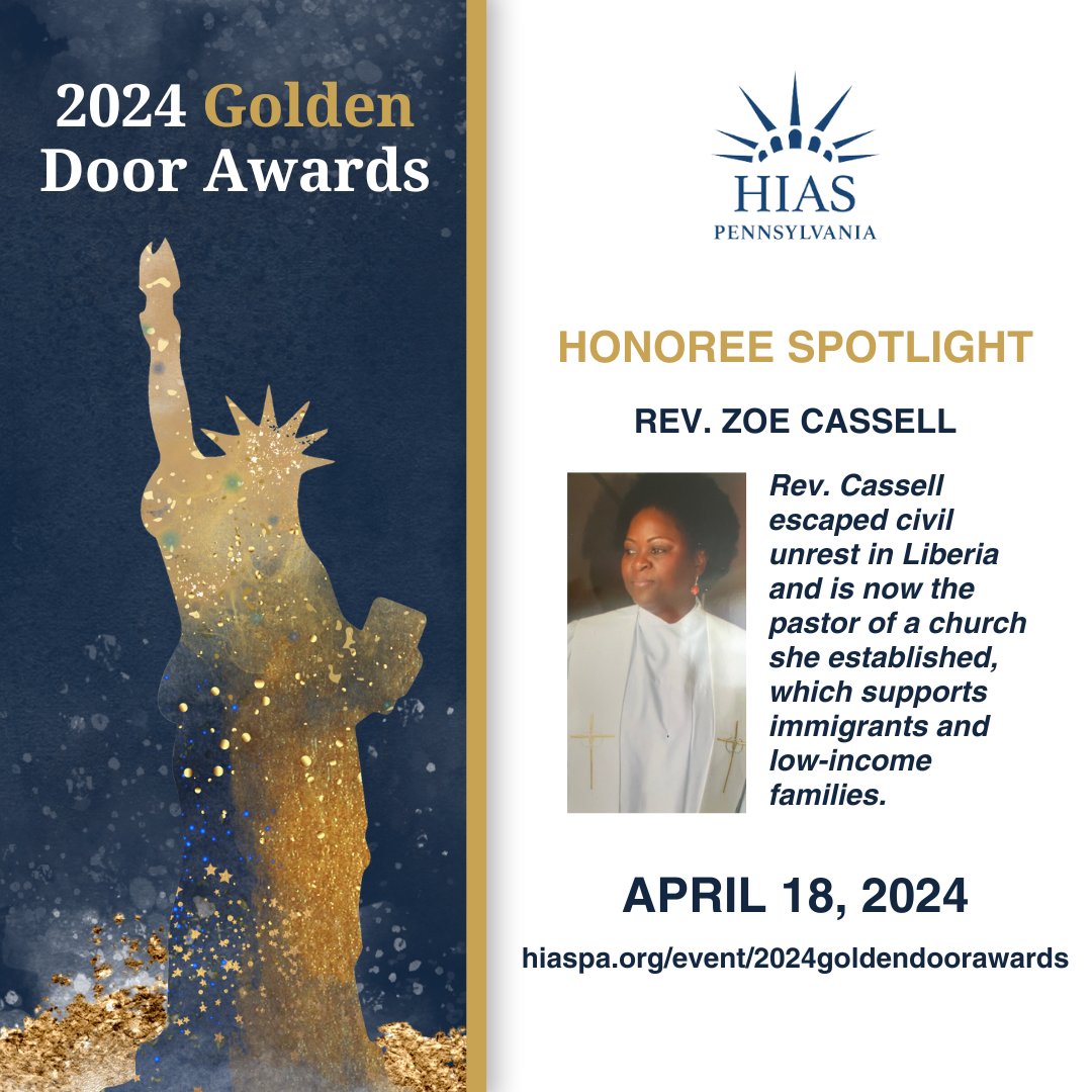 11 days left to register for the Golden Door Awards! Join us in celebrating leaders who support Philadelphia’s immigrant community in extraordinary ways, including Rev. Zoe Cassell. hiaspa.org/event/2024gold… #SupportImmigrants #2024GoldenDoorAwards