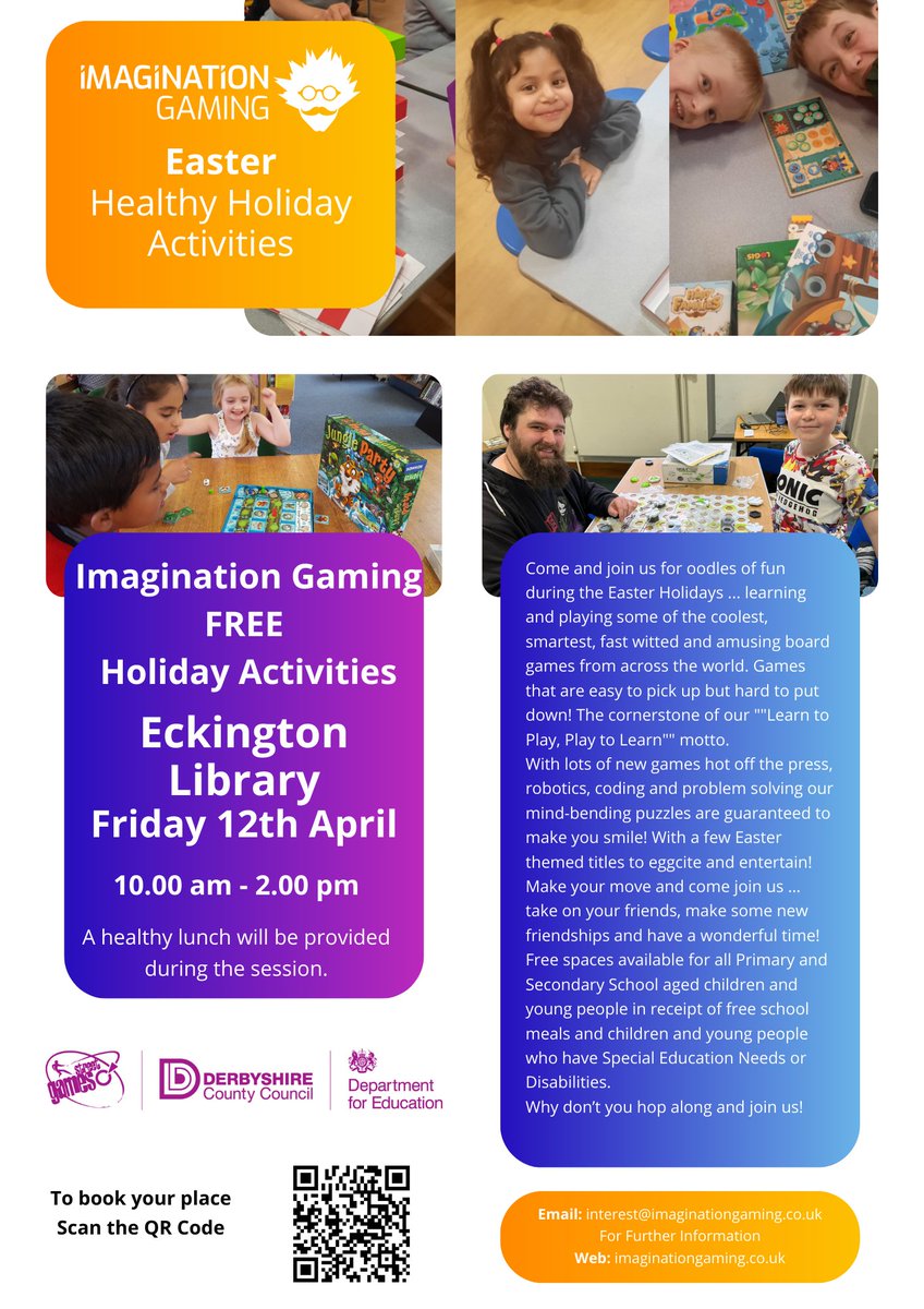 @imagigaming return to @Eckingtonlibrary this Easter to deliver fun activities to entertain all ages and abilities as part of the @Derbyshirecc Healthy Holiday Activities Programme itsaboutmederbyshire.co.uk/healthy To book simply scan the QR code #derbyshire #HAF2024 #easter2024 #fun