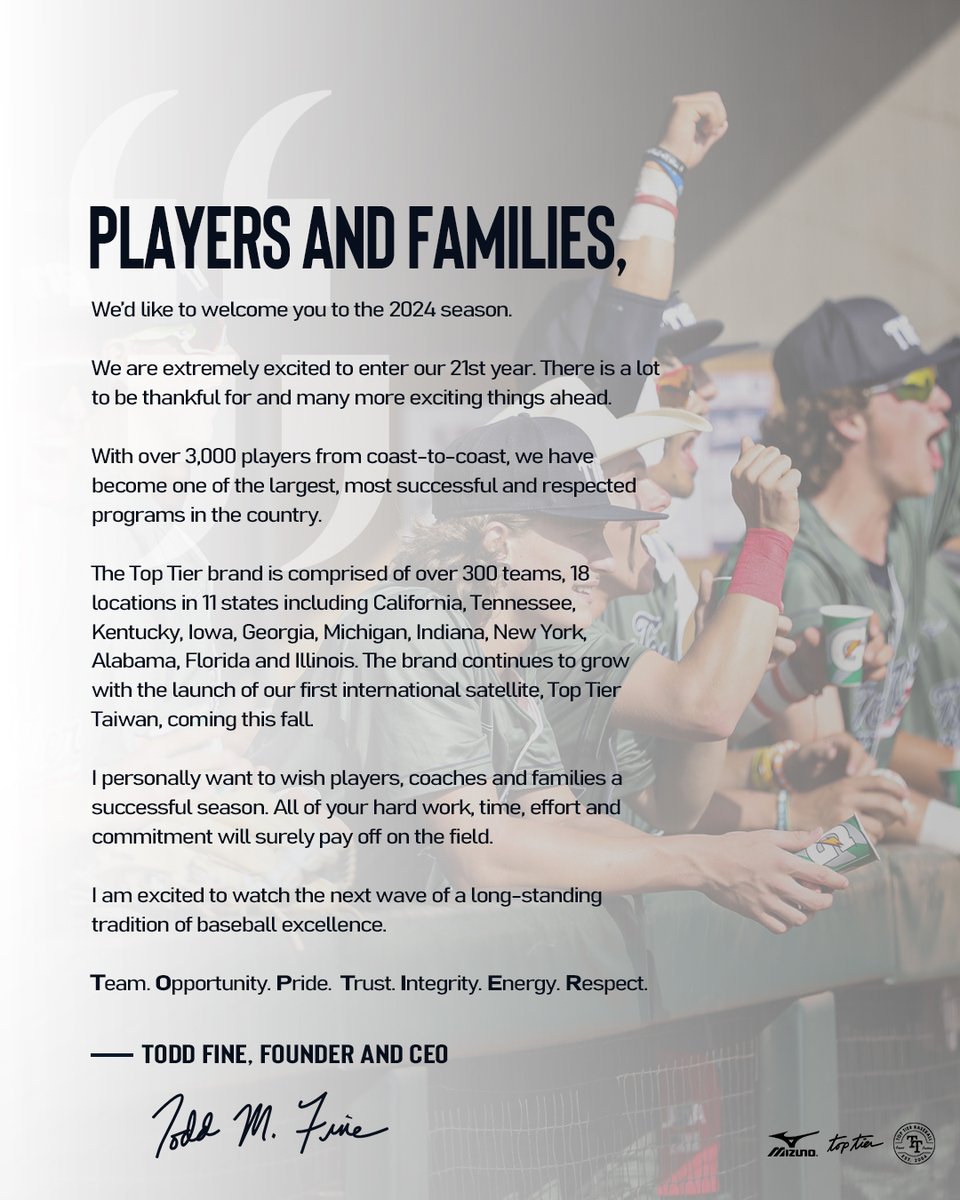 Welcome to the 21st season of Top Tier Baseball

A message from Founder and CEO, Todd Fine: