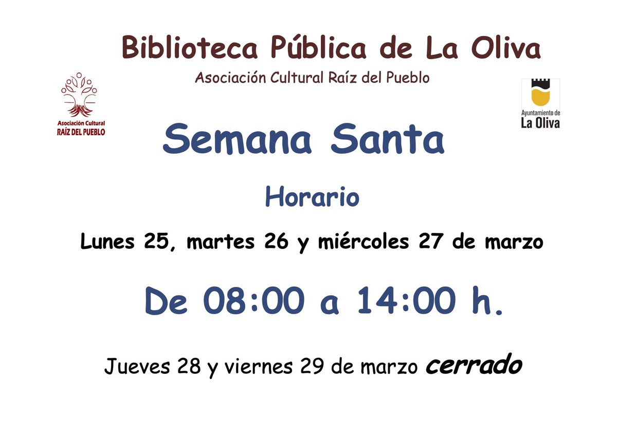 ¡Atención al horario de Semana Santa! 
#Biblioteca #LaOliva #Fuerteventura #raizdelpueblo #haciendopueblo