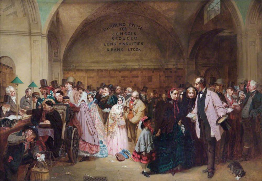 Dividend Day at the Bank of England, by George Elgar Hicks (1850). Dividend day was when the bank’s shareholders collected their dividends. The painting highlights the diversity of investors and the impressive architecture of John Soane’s Stock Office. @boemuseum