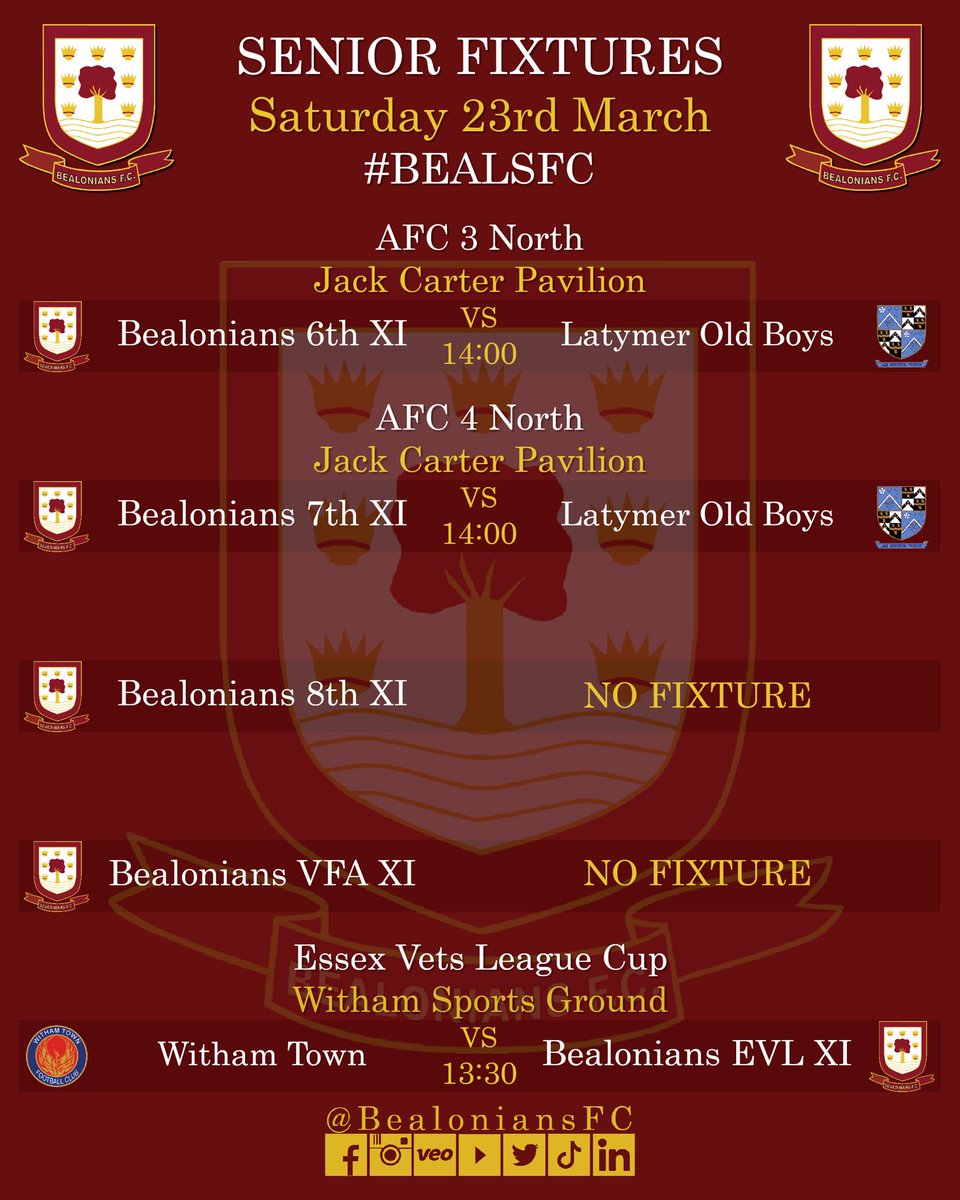 Game Week 29 sees no fixtures for our 4s, 8s and VFA teams so just the 7/10 games this weekend. Good luck to all ⚽️⚽️⚽️⚽️ - #BealsFC #Grassrootsfootball #Football #Footballforall #Weonlydopositive #Essex #London #getinvolved #morethanjustafootballclub
