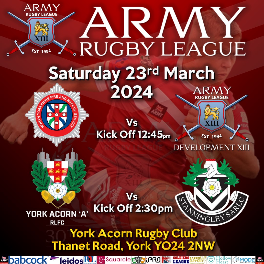 The @ArmyRugbyLeague Development XIII are back in action this weekend!🏉💪 The team face the @NorthYorksFire & Rescue Service in a fantastic double header at @yorkacorn Join us for a 12:45 Kick Off followed by @yorkacorn A vs @StanningleyRLC A at 2:30and a full day of #rugby😀