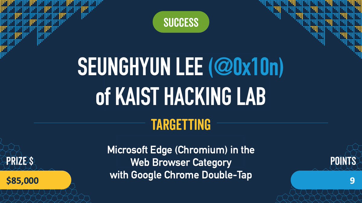 Confirmed!! Seunghyun Lee (@0x10n) of KAIST Hacking Lab used a UAF to RCE in the renderer on both #Micosoft Edge and #Google Chrome. He earns $85,000 and 9 Master of Pwn points. That also puts us over $1,000,000 for the event! #Pwn2Own