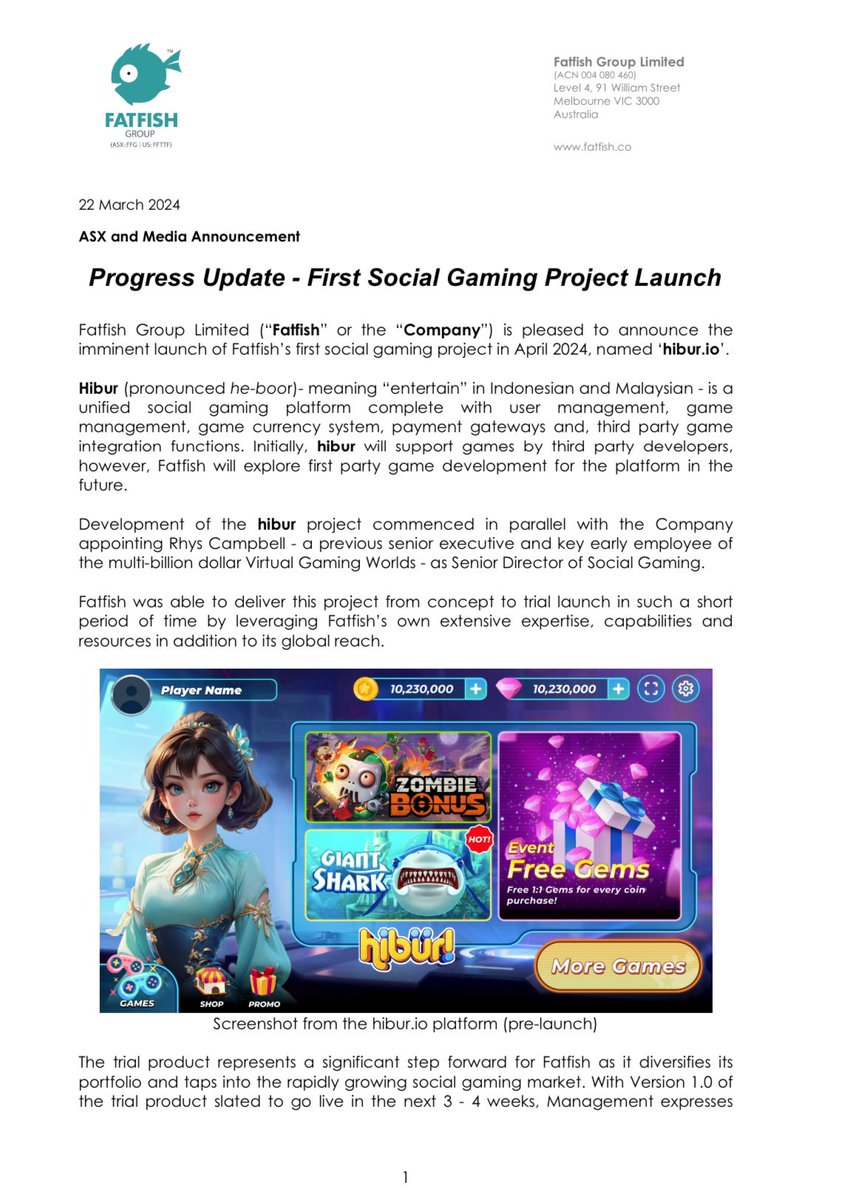 @Fatfish_FFG $FFG - Progress Update - First Social Gaming Project Launch.

The Australian market boasts several thriving social casino gaming companies, such as @vgwco , @Stake , @aristocratslots $ALL and Ainsworth Game Technology $AGI