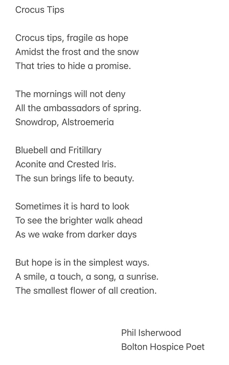 #WorldPoetryDay celebrating Springtime, the stories and special memories of patients in #HospiceCare #Poem ‘Crocus Tips’ (complete text in picture)

Crocus tips, fragile as hope
Amidst the frost and the snow
That tries to hide a promise.