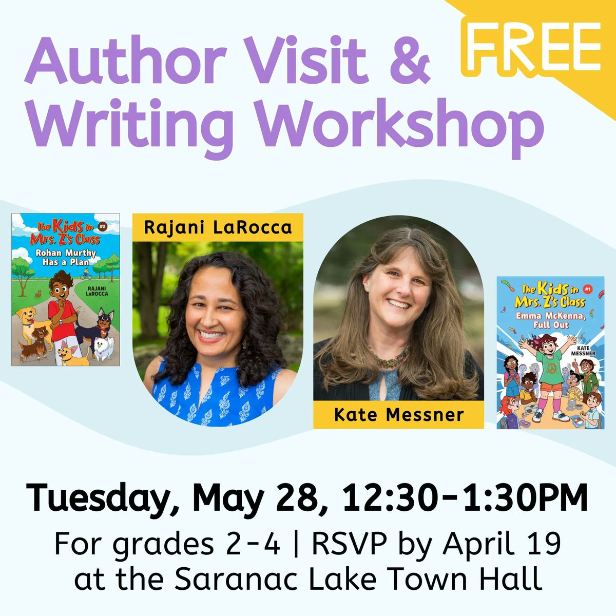 Northern NY friends! @rajanilarocca & I are offering a FREE in-person author visit & writing workshop for students in May! Hosted by the @adkctr4writing, we'll be at Saranac Lake Town Hall May 28th at 12:30pm. Learn more & sign up to join us here: adirondackcenterforwriting.org/event/author-v…