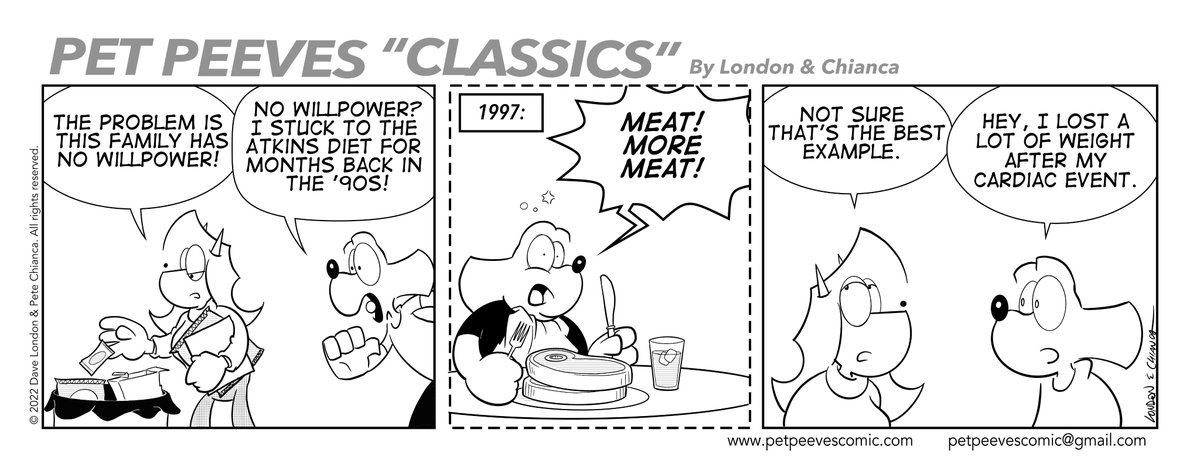 CJ recalls his #Atkins efforts in this excerpt from the upcoming Pet Peeves collection, 'Nerd Dad!' (Originally from January, 2022.) #dieting #weightlossjourney #willpower #comicstrip #humor