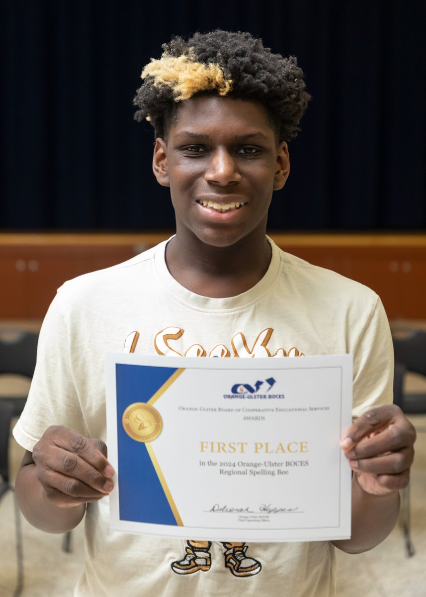 Eli McNair, an eighth-grade student who attends South Middle School in the Newburgh School District, is the first- place winner of the annual spelling bee held at Orange-Ulster BOCES on March 21, 2024.
