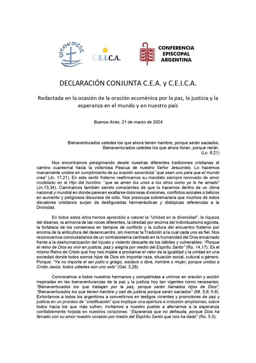 EpiscopadoArg's tweet photo. Organizado por la Conferencia Episcopal Argentina (#CEA) y la Comisión Ecuménica de Iglesias Cristianas en la Argentina (#CEICA), se llevó a cabo en la Sede de la Conferencia Episcopal Argentina este encuentro Ecuménico de oración.

Su #Declaración: https://t.co/HUdQ6Cguzr