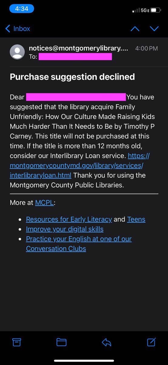 Is this a book ban, @MCPL_Libraries? I wrote half of Family Unfriendly as a resident of Montgomery County. I even praise their library system in the book. I'd love to know why, when a current resident asks for the library to stock it, the librarians flatly so NO.