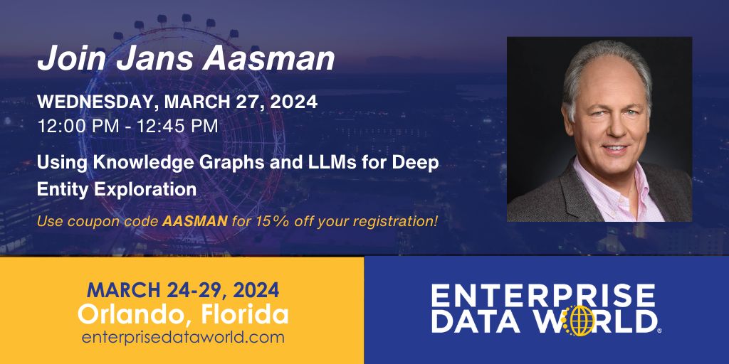 Franzinc's tweet image. We hope to see you in Orlando at Enterprise Data World, March 24-29. Presentation - "Using Knowledge Graphs and LLMs for Deep Entity Exploration" - #NeuroSymbolicAI #KnowledgeGraph #AllegroGraph #EDW24 buff.ly/3NfkByF
