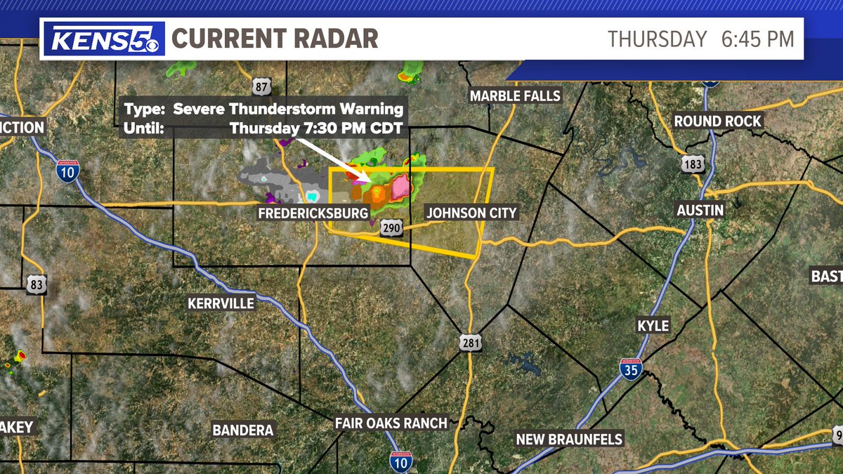 A Severe Thunderstorm Warning is in effect for...Northwestern Blanco County and East central Gillespie County in south central Texas...Until 730 PM CDT. This t-storm is moving east at 30 mph. This t-storm contains hail up to Quarter size and gusty winds.