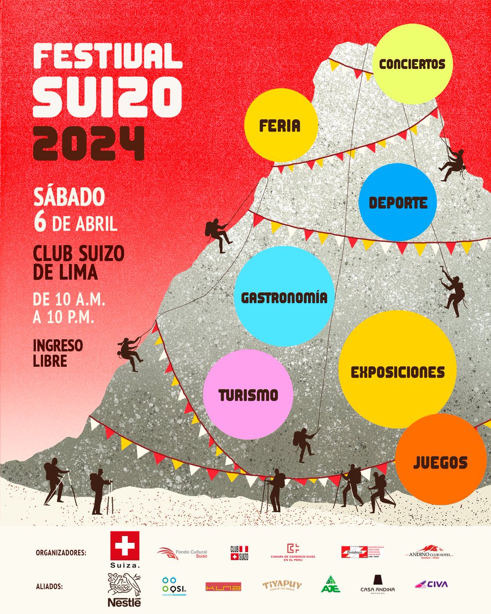 EmbSuizaPeru's tweet photo. ¡Inauguramos el 140 aniversario de relaciones bilaterales suizo-peruanas con el Festival Suizo! 🏔️🇨🇭
El 6 de abril los invito a compartir un programa cultural y gastronómico para grandes y pequeños: deporte, turismo, conciertos, exposiciones, comida suiza, juegos, teatro y más. https://t.co/yiJ9qjIQpM