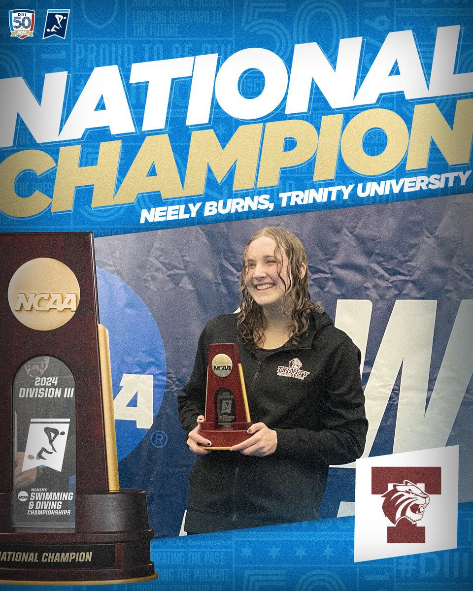 🏆NATIONAL CHAMPION🏆 Neely Burns takes home the hardware for @TrinityUTigers with a time of 4.15.67 in the 400 Yard Individual Medley! #d3swim | #WhyD3
