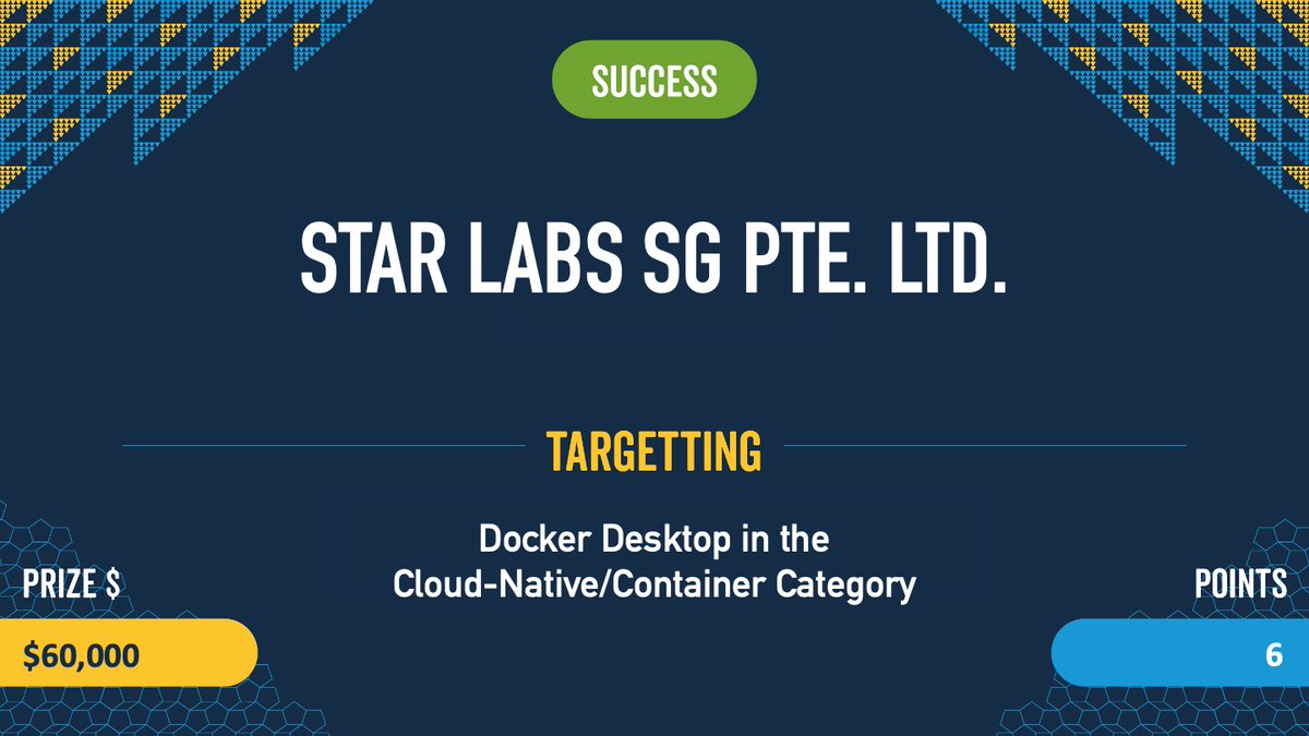 Verified! The first #Docker escape at #Pwn2Own involved two bugs, including a UAF. The team from STAR Labs SG did great work in the demonstration and earned $60,000 and 6 Master of Pwn points. #P2OVancouver