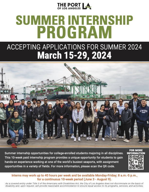 Reminder: The #PortofLA is now accepting applications for its 2024 Summer Internship Program through March 29.  The 10-week program runs June 3-Aug. 9 and is open to college-enrolled students.

More info: portofla.org/SummerInternPr…