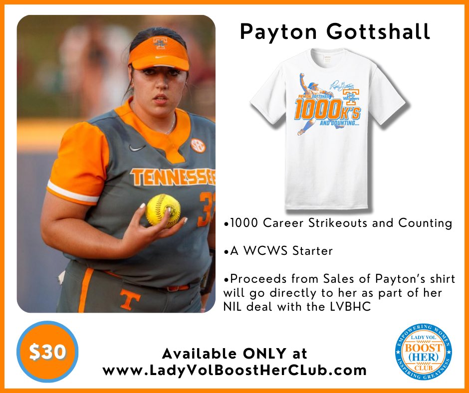 Way to Go Payton Gottshall!! That’s 1000 Strikeouts and counting!! Orders your Limited Edition T-shirt now 🔥🔥🥎🥎 @pgott33 @Vol_Softball Click to Order- ladyvolboostherclub.com/collections/la…