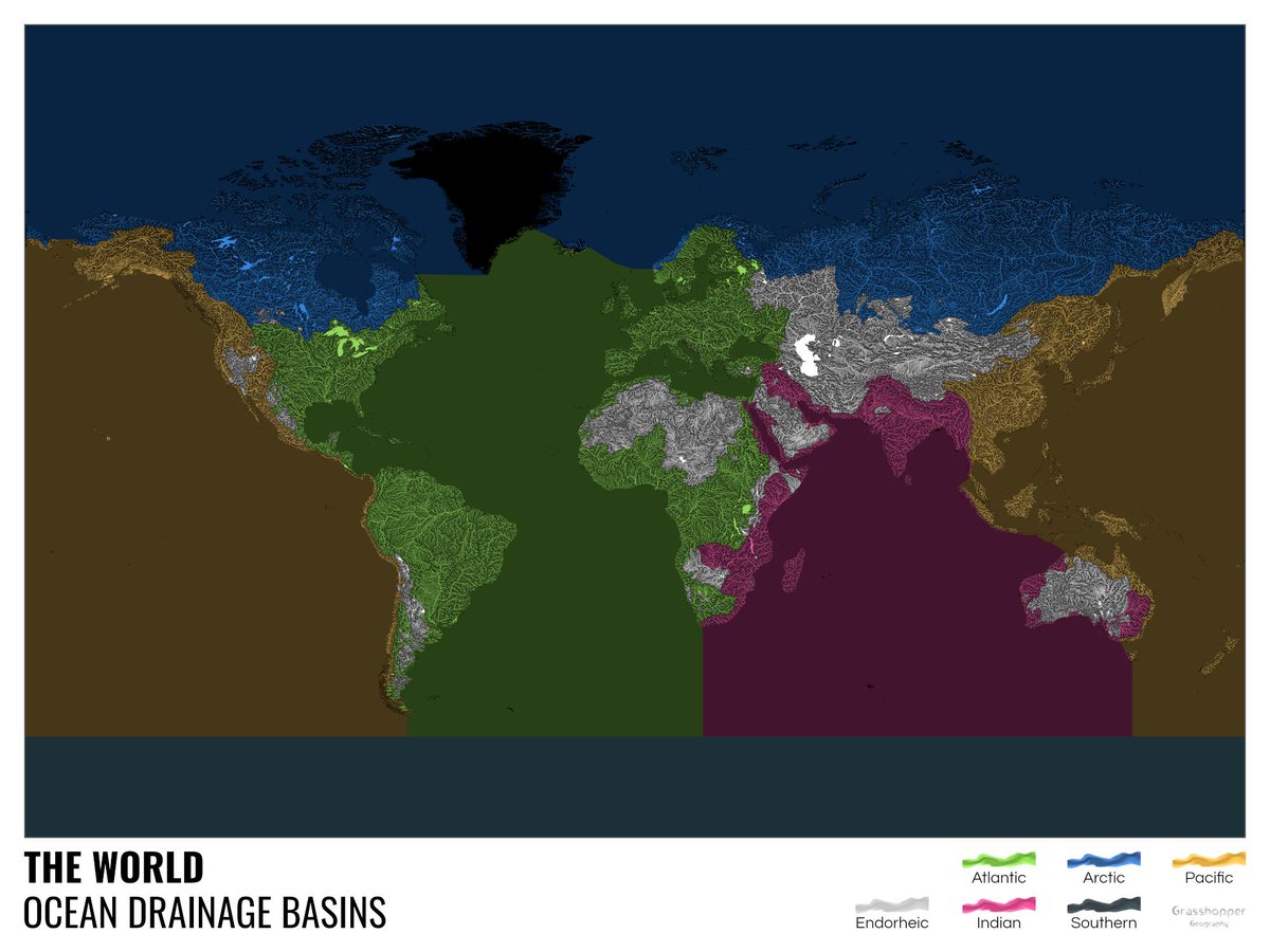 We love this map from <a href="/GrasshopperGeo/">Grasshopper Geography</a> of the World's drainage basins. How do bioregions stretch as whole systems, not only in terrestrial but also as part of marine ecosystems? How does this impact how we work together, across many bioregional layers? 

#cascadia #waterislife