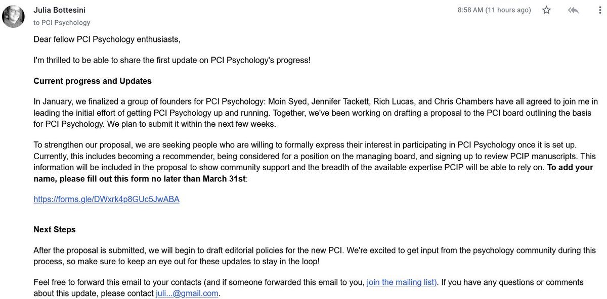 This update today by Julia Bottesini about progress made regarding PCI-Psychology has made me very happy. Join: groups.google.com/g/pci-psycholo… Support PCI-Psychology: forms.gle/DWxrk4p8GUc5Jw… PCI/PCIRR started the revolution. PCI-Psychology would be a real revolution booster.