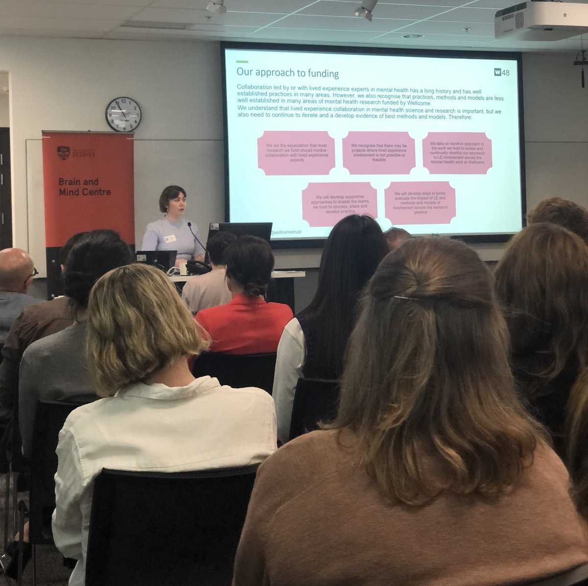 A full house to @wellcometrust visit with Maisie Jenkins speaking on Lived Experience for Mental Health and funding pathways, 🗣️ in-bedding lived experience on a greater level in the funding process and in research. @Sydney_Uni @SydneyUniWorld