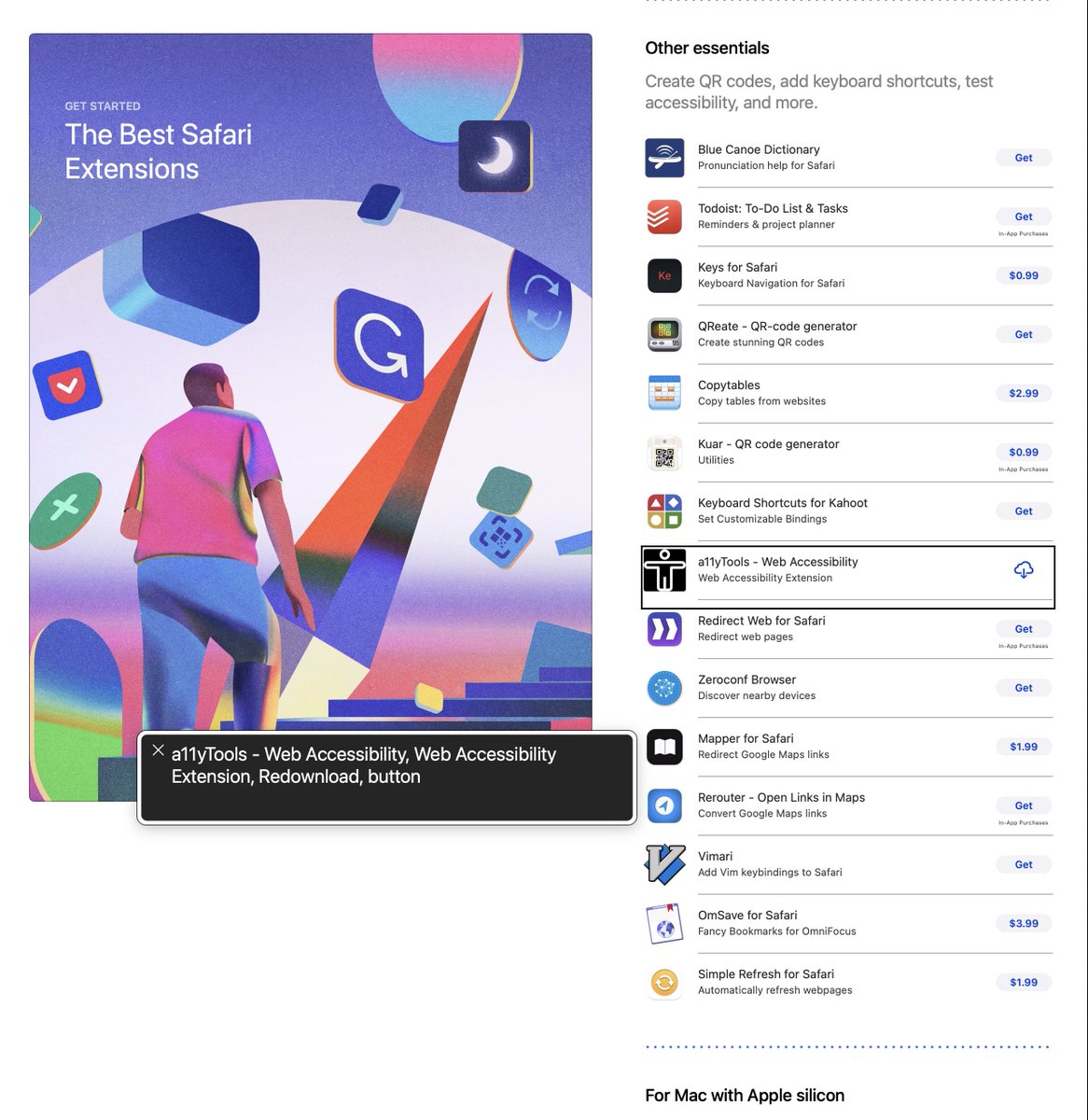 a11yTools, my macOS Safari #a11y testing extension is featured by Apple in the @AppStore under The Best Safari Extensions > Other essentials to 'test accessibility' 😍 apps.apple.com/us/story/id137… apps.apple.com/us/app/a11ytoo…