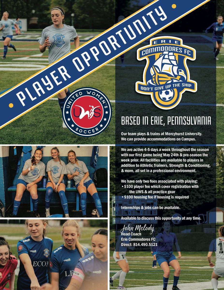 Richard Wall (@rwall5) on Twitter photo Coaching friends - please share this with your current Women’s players. The <a href="/Erie_Commodores/">Erie Commodores FC</a> are looking to finalize the UWS roster for this upcoming summer season.
You can reach out to John Melody directly, or myself if you have any questions. Thank you! Coaching friends - please share this with your current Women’s players. The <a href="/Erie_Commodores/">Erie Commodores FC</a> are looking to finalize the UWS roster for this upcoming summer season.
You can reach out to John Melody directly, or myself if you have any questions. Thank you!